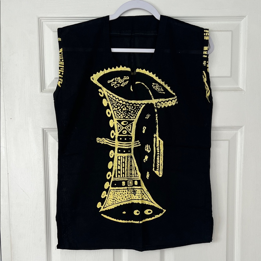 African Print Handmade Sleeveless Black Top with Yellow Graphic Design